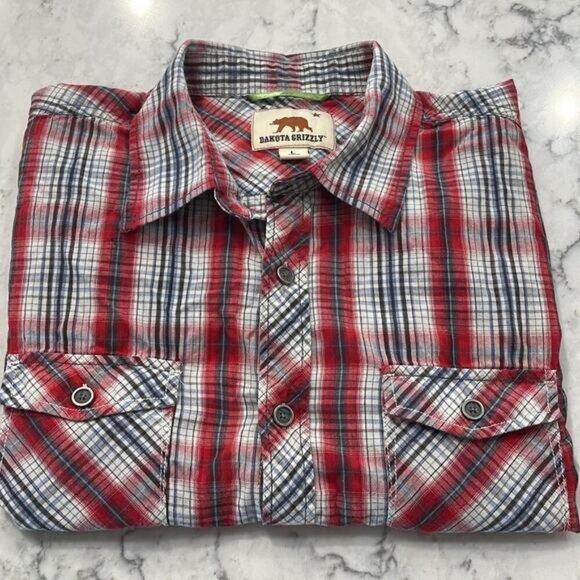 Men's Dakota Grizzly Red/Blue Plaid Short Sleeve Button Up Shirt Size L - Picture 5 of 5